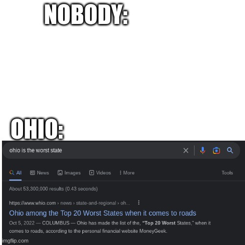 must be true then | NOBODY:; OHIO: | image tagged in memes,blank transparent square,ohio,sucks,funny memes,shitpost | made w/ Imgflip meme maker