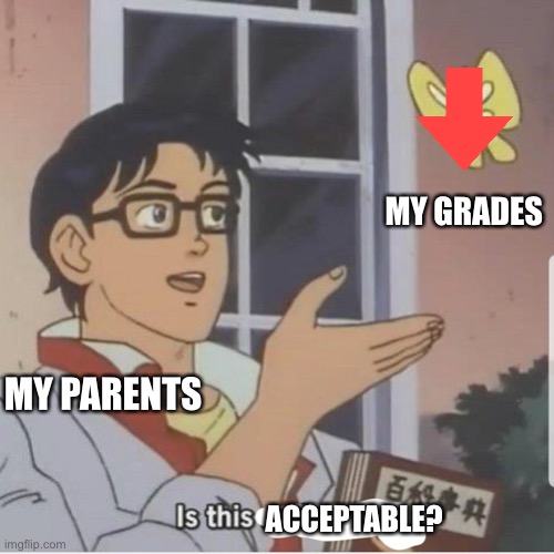 Your Final Moments Alive | MY GRADES; MY PARENTS; ACCEPTABLE? | image tagged in butterfly man | made w/ Imgflip meme maker