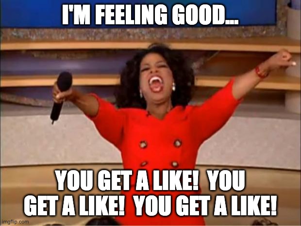 You get likes! | I'M FEELING GOOD... YOU GET A LIKE!  YOU GET A LIKE!  YOU GET A LIKE! | image tagged in memes,oprah you get a | made w/ Imgflip meme maker