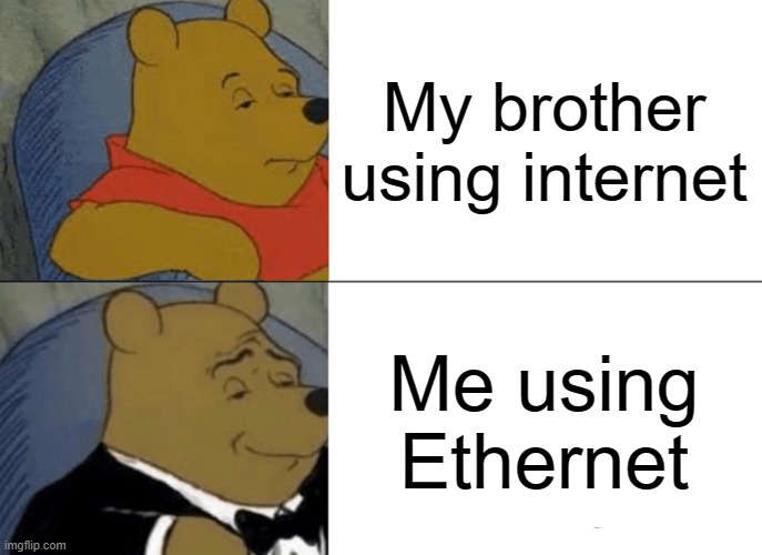 Tuxedo Winnie The Pooh | My brother using internet; Me using Ethernet | image tagged in memes,tuxedo winnie the pooh | made w/ Imgflip meme maker