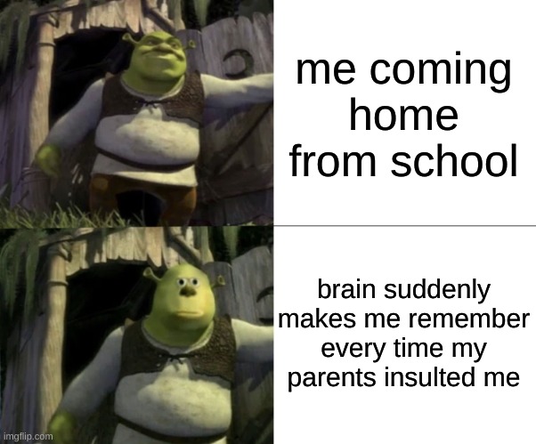 Shocked Shrek Face Swap | me coming home from school; brain suddenly makes me remember every time my parents insulted me | image tagged in shocked shrek face swap | made w/ Imgflip meme maker