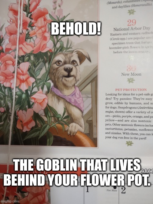 Farmers almanac calander | BEHOLD! THE GOBLIN THAT LIVES BEHIND YOUR FLOWER POT. | image tagged in farmers almanac calander | made w/ Imgflip meme maker