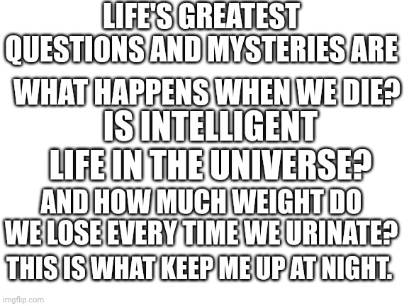 Blank White Template | LIFE'S GREATEST QUESTIONS AND MYSTERIES ARE; WHAT HAPPENS WHEN WE DIE? IS INTELLIGENT LIFE IN THE UNIVERSE? AND HOW MUCH WEIGHT DO WE LOSE EVERY TIME WE URINATE? THIS IS WHAT KEEP ME UP AT NIGHT. | image tagged in blank white template | made w/ Imgflip meme maker