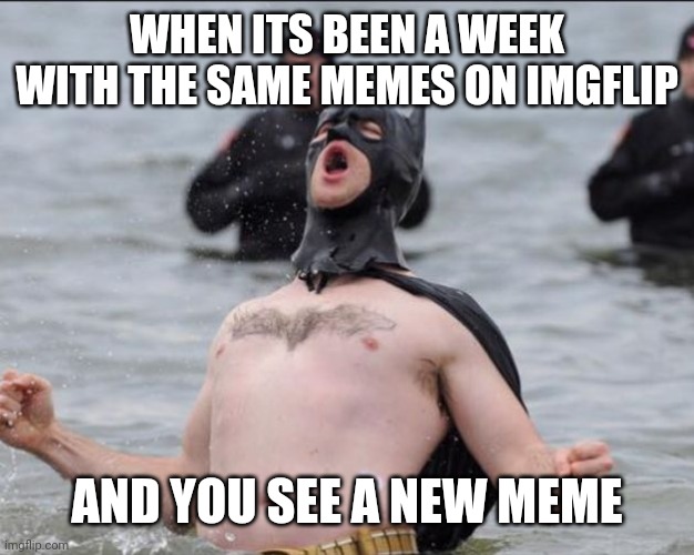 yes | WHEN ITS BEEN A WEEK WITH THE SAME MEMES ON IMGFLIP; AND YOU SEE A NEW MEME | image tagged in batman celebrates | made w/ Imgflip meme maker