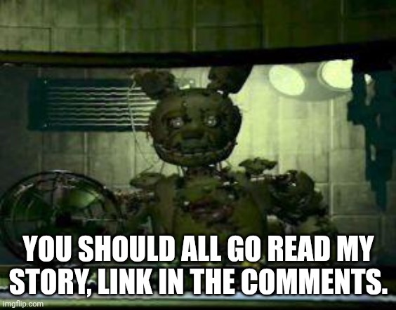 I'm writing a story about FNAF, it's called "Data Breach" and I want to know everyone's thoughts on it? Thank you for reading | YOU SHOULD ALL GO READ MY STORY, LINK IN THE COMMENTS. | image tagged in fnaf springtrap in window | made w/ Imgflip meme maker