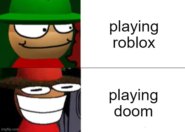 Expunged becomes canny | playing roblox; playing doom | image tagged in expunged becomes canny | made w/ Imgflip meme maker