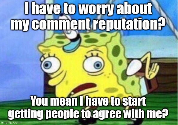 Stoopid tools never agree with me | I have to worry about my comment reputation? You mean I have to start getting people to agree with me? | image tagged in memes,mocking spongebob | made w/ Imgflip meme maker