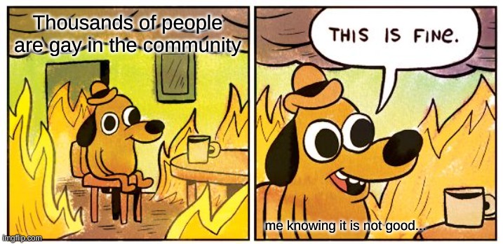 This Is Fine Meme | Thousands of people are gay in the community; me knowing it is not good... | image tagged in memes,this is fine | made w/ Imgflip meme maker