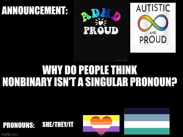 questioning time and little bit about me | ANNOUNCEMENT:; WHY DO PEOPLE THINK NONBINARY ISN'T A SINGULAR PRONOUN? PRONOUNS:; SHE/THEY/IT | image tagged in lgbtq | made w/ Imgflip meme maker