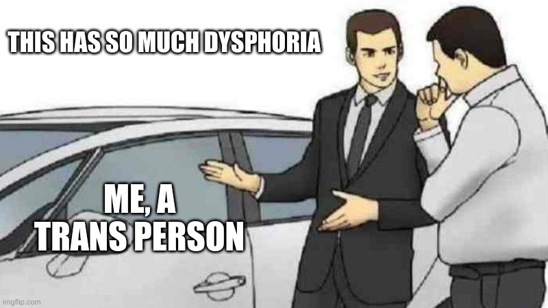 Now with 60% more dysphoria, guarenteed! | THIS HAS SO MUCH DYSPHORIA; ME, A TRANS PERSON | image tagged in memes,car salesman slaps roof of car,dysphoria,transgender | made w/ Imgflip meme maker