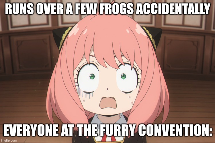 Based on true events i was jk but i wish it was true | RUNS OVER A FEW FROGS ACCIDENTALLY; EVERYONE AT THE FURRY CONVENTION: | image tagged in anya shocked | made w/ Imgflip meme maker