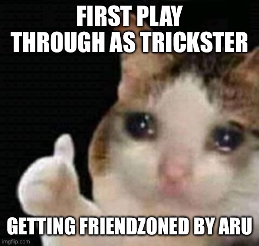 sad thumbs up cat | FIRST PLAY THROUGH AS TRICKSTER; GETTING FRIENDZONED BY ARU | image tagged in sad thumbs up cat,Pathfinder_Kingmaker | made w/ Imgflip meme maker