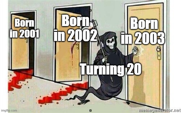 One more month | Born in 2003; Born in 2002; Born in 2001; Turning 20 | image tagged in grim reaper knocking door,gen z,generation z | made w/ Imgflip meme maker