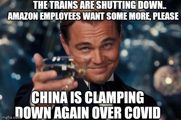 The Sequel is almost never accepted as Canon | THE TRAINS ARE SHUTTING DOWN.. AMAZON EMPLOYEES WANT SOME MORE, PLEASE; CHINA IS CLAMPING DOWN AGAIN OVER COVID | image tagged in memes,leonardo dicaprio cheers,season,witch,the empire strikes back | made w/ Imgflip meme maker