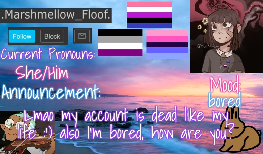 I’m bored and dead, what about you?,shushaunajnqjanusn | She/Him; bored; Lmao my account is dead like my life :’) also I’m bored, how are you? | image tagged in floofs temp 2 | made w/ Imgflip meme maker