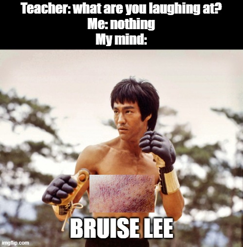 Meme #216 | Teacher: what are you laughing at?
Me: nothing
My mind:; BRUISE LEE | image tagged in bruce lee,injury,ouch,laughter,teacher,martial arts | made w/ Imgflip meme maker