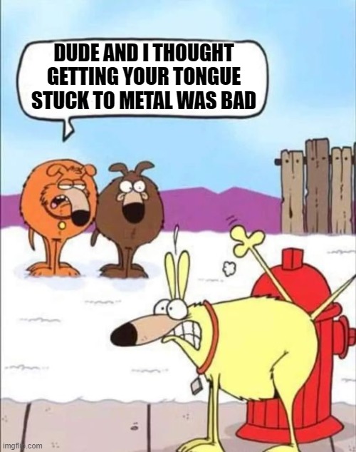 DUDE AND I THOUGHT GETTING YOUR TONGUE STUCK TO METAL WAS BAD | made w/ Imgflip meme maker