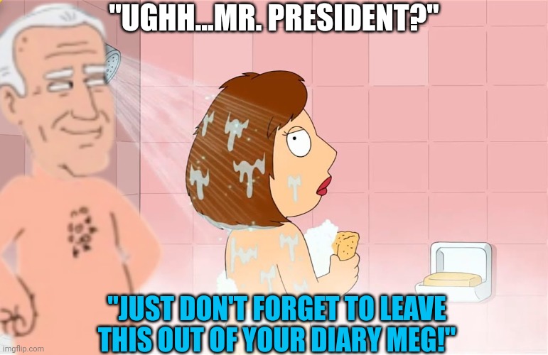 "UGHH...MR. PRESIDENT?" "JUST DON'T FORGET TO LEAVE THIS OUT OF YOUR DIARY MEG!" | made w/ Imgflip meme maker