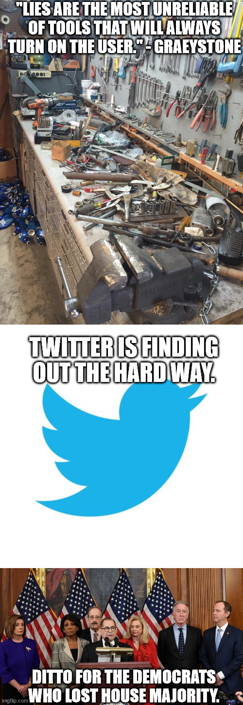Next time try the truth. | "LIES ARE THE MOST UNRELIABLE OF TOOLS THAT WILL ALWAYS TURN ON THE USER." - GRAEYSTONE; TWITTER IS FINDING OUT THE HARD WAY. DITTO FOR THE DEMOCRATS WHO LOST HOUSE MAJORITY. | image tagged in twitter birds says,house democrats,government corruption,political meme | made w/ Imgflip meme maker