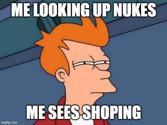 we have a problem | ME LOOKING UP NUKES; ME SEES SHOPING | image tagged in memes,futurama fry | made w/ Imgflip meme maker