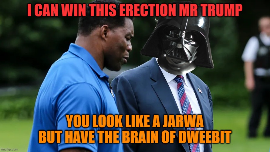 Herschel Walker Trump | I CAN WIN THIS ERECTION MR TRUMP YOU LOOK LIKE A JARWA BUT HAVE THE BRAIN OF DWEEBIT | image tagged in herschel walker trump | made w/ Imgflip meme maker