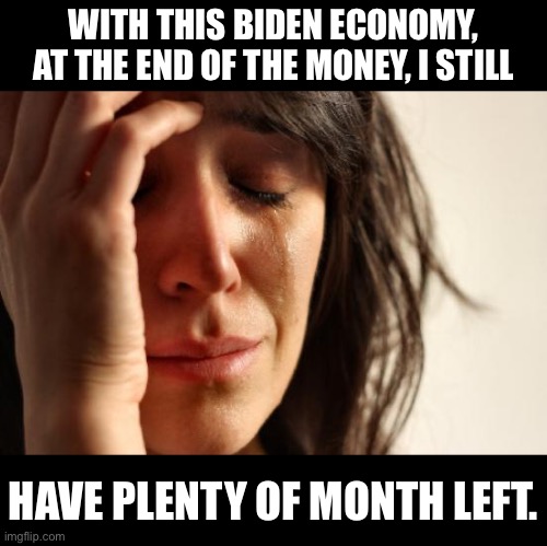 Biden Economy | WITH THIS BIDEN ECONOMY, AT THE END OF THE MONEY, I STILL; HAVE PLENTY OF MONTH LEFT. | image tagged in memes,first world problems | made w/ Imgflip meme maker