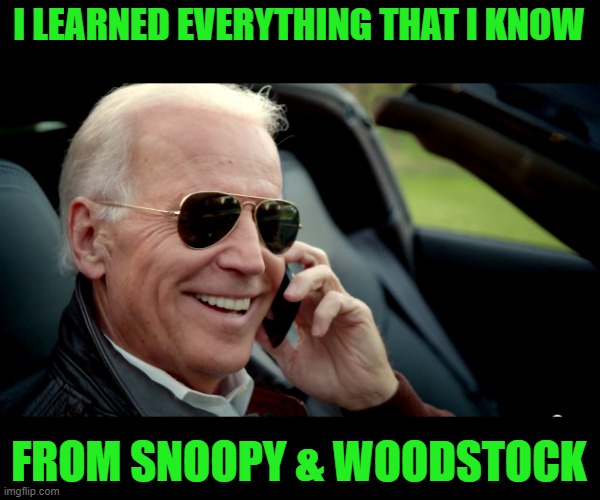 Biden sunglasses phone | I LEARNED EVERYTHING THAT I KNOW FROM SNOOPY & WOODSTOCK | image tagged in biden sunglasses phone | made w/ Imgflip meme maker
