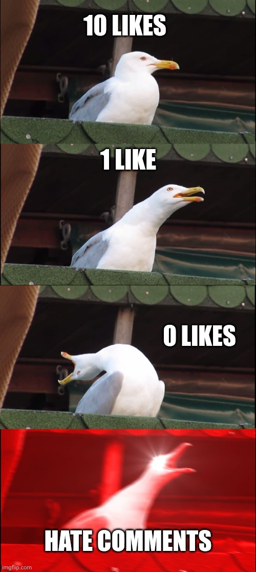 0 likes meme | 10 LIKES; 1 LIKE; 0 LIKES; HATE COMMENTS | image tagged in memes,inhaling seagull | made w/ Imgflip meme maker