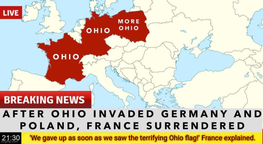 Ahhhhhhhh! Run! | 'We gave up as soon as we saw the terrifying Ohio flag!' France explained. | image tagged in ohio,takes over,france,too,i dont know why | made w/ Imgflip meme maker