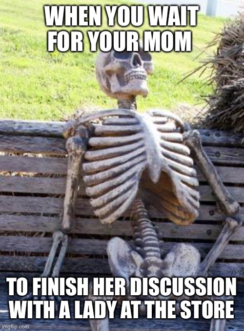 Mom, why ? | WHEN YOU WAIT FOR YOUR MOM; TO FINISH HER DISCUSSION WITH A LADY AT THE STORE | image tagged in memes,waiting skeleton | made w/ Imgflip meme maker