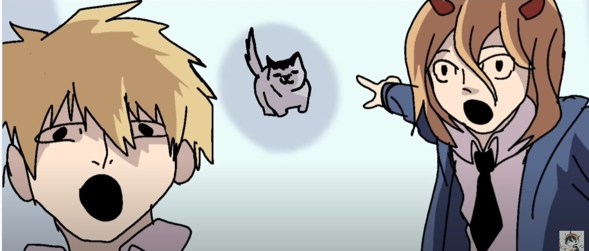 Denji and Power pointing at meowy Blank Meme Template