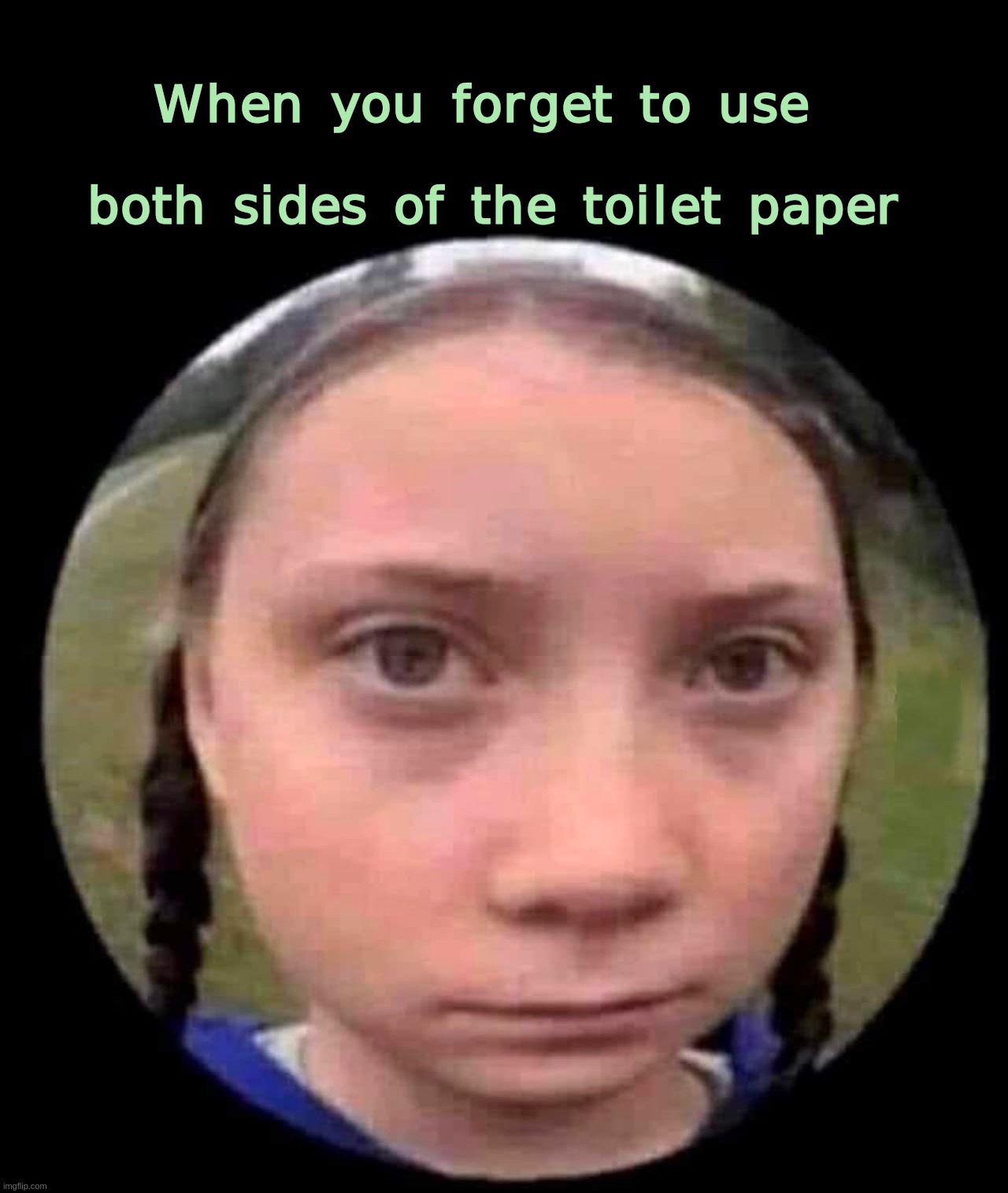 When You Forget to use Both Sides of the Toilet Paper | image tagged in greta,thunberg,toilet,paper,climate,change | made w/ Imgflip meme maker