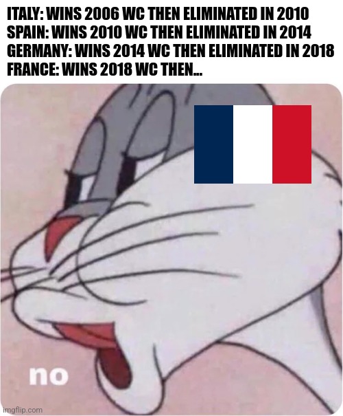 France 2-1 Denmark | ITALY: WINS 2006 WC THEN ELIMINATED IN 2010
SPAIN: WINS 2010 WC THEN ELIMINATED IN 2014
GERMANY: WINS 2014 WC THEN ELIMINATED IN 2018
FRANCE: WINS 2018 WC THEN... | image tagged in bugs bunny no,france,denmark,world cup,football,memes | made w/ Imgflip meme maker