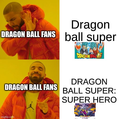 Dragon Ball fans after seeing the DBS super hero movie be like: | Dragon ball super; DRAGON BALL FANS; DRAGON BALL SUPER: SUPER HERO; DRAGON BALL FANS | image tagged in memes,drake hotline bling | made w/ Imgflip meme maker