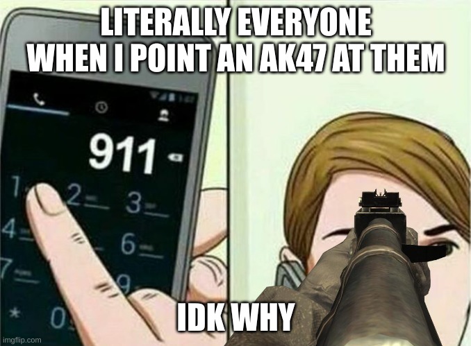 bro why do people DO THIS? | LITERALLY EVERYONE WHEN I POINT AN AK47 AT THEM; IDK WHY | image tagged in calling 911 | made w/ Imgflip meme maker