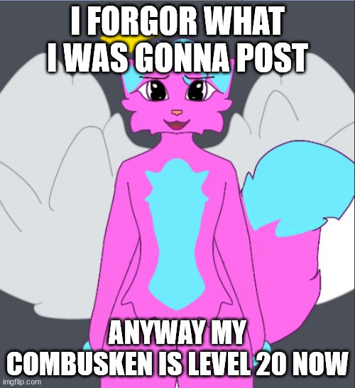 kitty drawn by saturn 2 | I FORGOR WHAT I WAS GONNA POST; ANYWAY MY COMBUSKEN IS LEVEL 20 NOW | image tagged in kitty drawn by saturn 2 | made w/ Imgflip meme maker