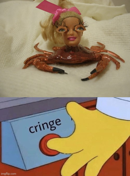 Crab Barbie | image tagged in cringe button,cursed image,crab,barbie,cursed,memes | made w/ Imgflip meme maker