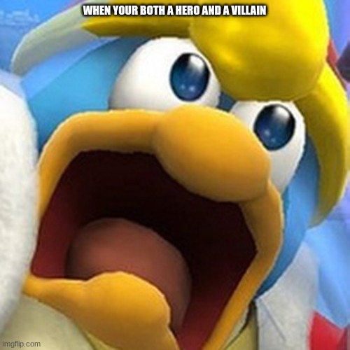King Dedede oh shit face | WHEN YOUR BOTH A HERO AND A VILLAIN | image tagged in king dedede oh shit face | made w/ Imgflip meme maker