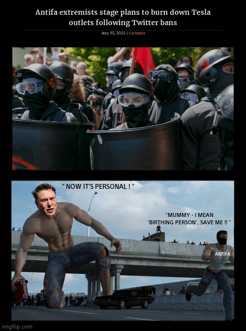 Antifa v Tesla | " NOW IT'S PERSONAL ! "; "MUMMY - I MEAN 'BIRTHING PERSON', SAVE ME !! "; ANTIFA | image tagged in memes,tesla,antifa,leftists,elon musk,political meme | made w/ Imgflip meme maker