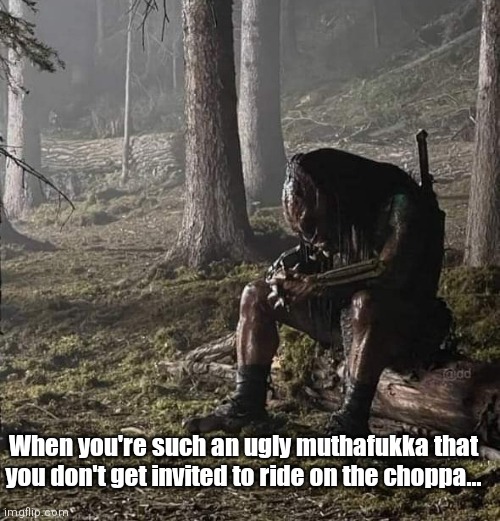 Poor predictor |  When you're such an ugly muthafukka that you don't get invited to ride on the choppa... | image tagged in funny | made w/ Imgflip meme maker