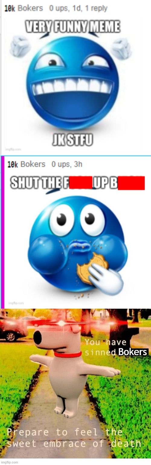 Bokers has sinned | Bokers | image tagged in you have sinned child prepare to feel the sweet embrace of death,troll,memes,bokers,reaction,cancelled | made w/ Imgflip meme maker