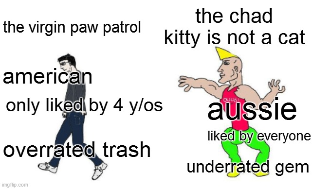 Go watch this series | the chad kitty is not a cat; the virgin paw patrol; american; aussie; only liked by 4 y/os; liked by everyone; overrated trash; underrated gem | image tagged in virgin vs chad | made w/ Imgflip meme maker