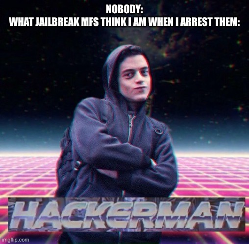 I’m not hacking | NOBODY:
WHAT JAILBREAK MFS THINK I AM WHEN I ARREST THEM: | image tagged in hackerman,memes,roblox,jailbreak,hacker,roblox meme | made w/ Imgflip meme maker