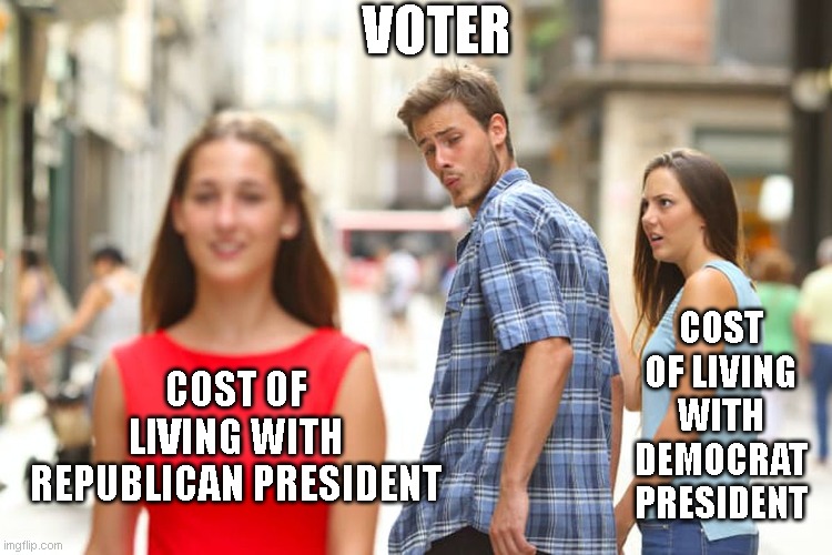 Distracted Boyfriend |  VOTER; COST OF LIVING WITH DEMOCRAT PRESIDENT; COST OF LIVING WITH REPUBLICAN PRESIDENT | image tagged in memes,distracted boyfriend,biden,economics,gas,inflation | made w/ Imgflip meme maker