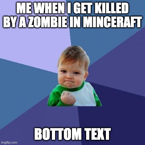 Success Kid | ME WHEN I GET KILLED BY A ZOMBIE IN MINCERAFT; BOTTOM TEXT | image tagged in memes,success kid | made w/ Imgflip meme maker