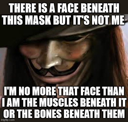 V for Vendetta | THERE IS A FACE BENEATH THIS MASK BUT IT'S NOT ME I'M NO MORE THAT FACE THAN
I AM THE MUSCLES BENEATH IT
OR THE BONES BENEATH THEM | image tagged in v for vendetta | made w/ Imgflip meme maker