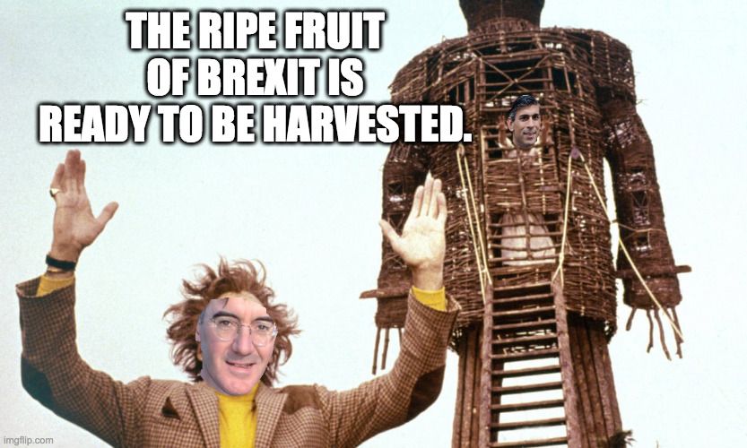 Richi Sunak Jacob Rees-Mogg Wickar Man | THE RIPE FRUIT OF BREXIT IS READY TO BE HARVESTED. | image tagged in waiting skeleton | made w/ Imgflip meme maker