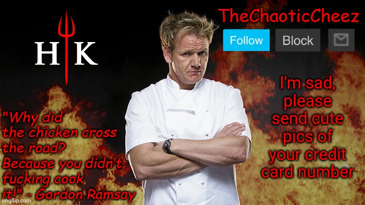 Cheez Gordon Ramsay Template | I'm sad, please send cute pics of your credit card number | image tagged in cheez gordon ramsay template | made w/ Imgflip meme maker