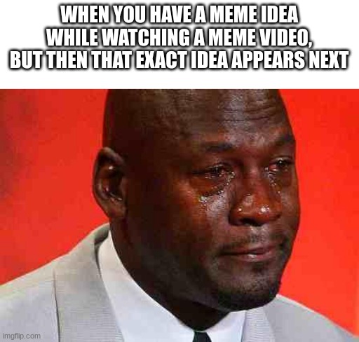 crying michael jordan | WHEN YOU HAVE A MEME IDEA WHILE WATCHING A MEME VIDEO, BUT THEN THAT EXACT IDEA APPEARS NEXT | image tagged in crying michael jordan | made w/ Imgflip meme maker