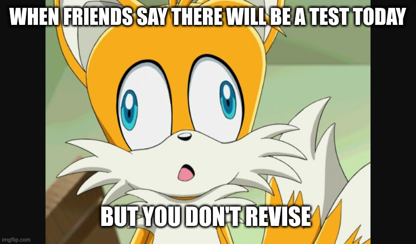 sonic- Derp Tails | WHEN FRIENDS SAY THERE WILL BE A TEST TODAY; BUT YOU DON'T REVISE | image tagged in sonic- derp tails | made w/ Imgflip meme maker